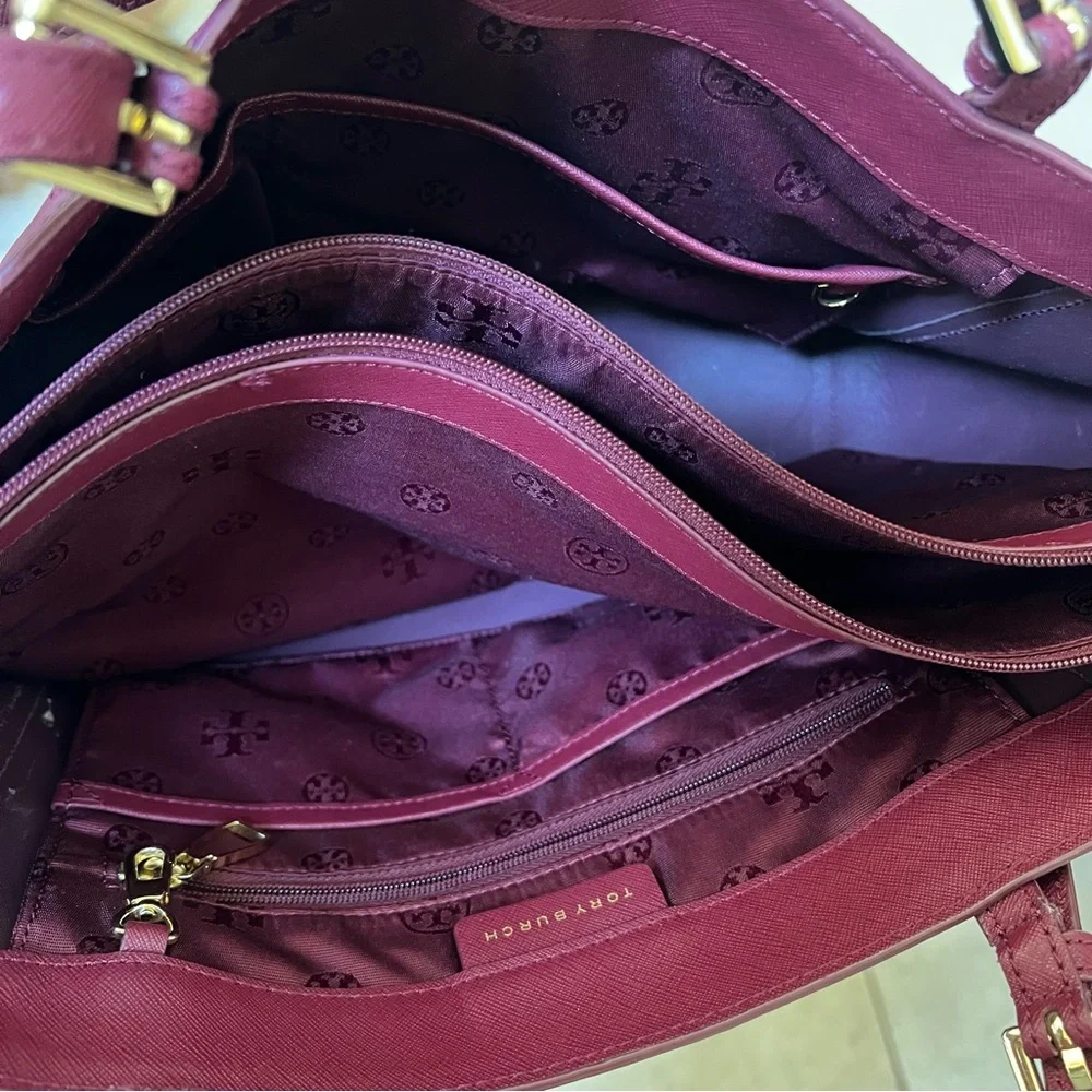 Tory Burch York Burgundy Saffiano Leather Tri Compartment Large Tote